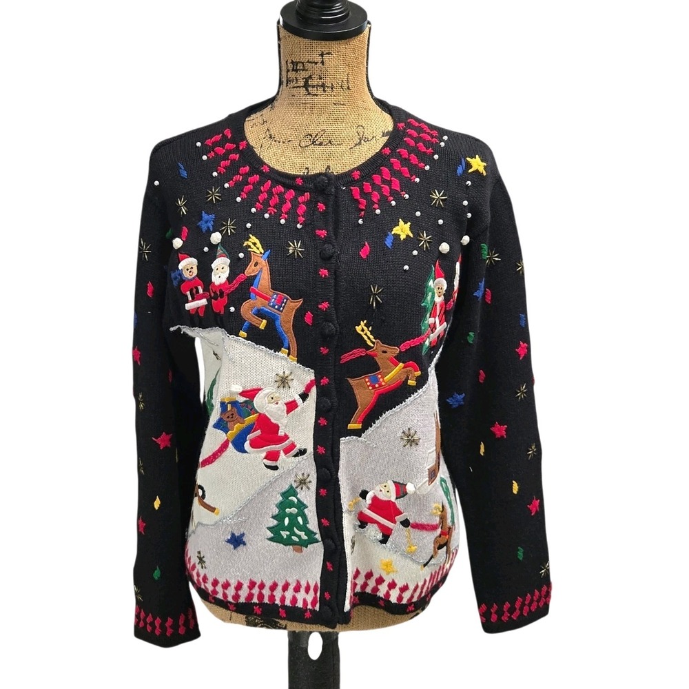 Hampshire Studio Ugly Christmas Cardigan Sweater Beaded Felt Appliqués Women's M